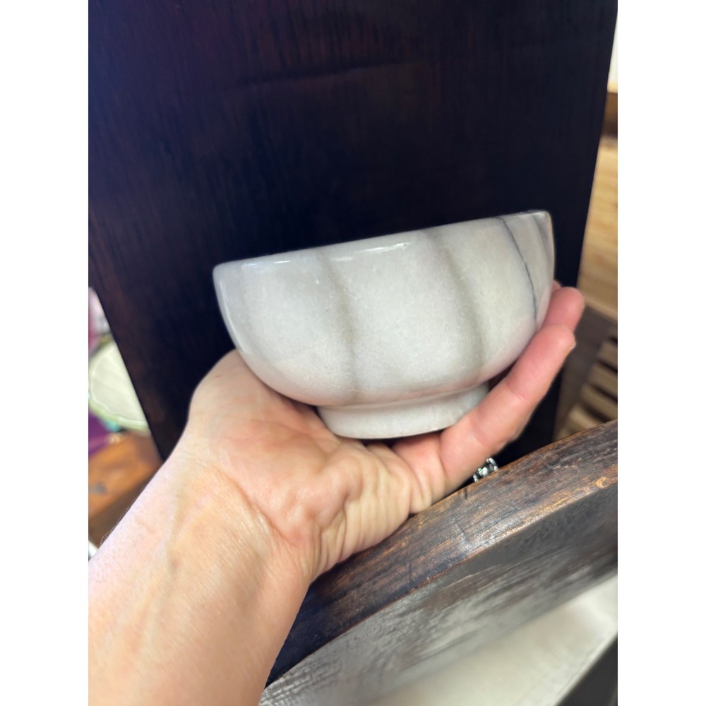 Vintage White Marble Bowl Natural Grey Veined Stone Catchall Salt Cellar 4.5in